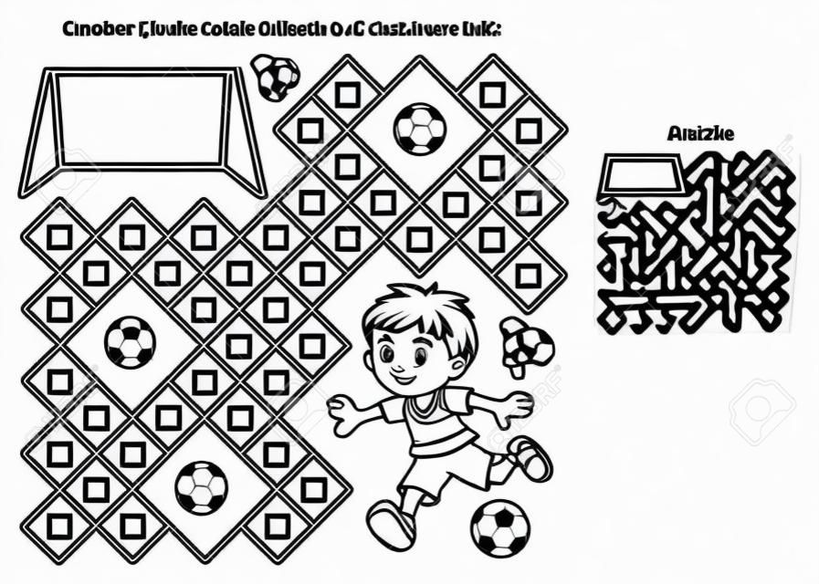 Maze or labyrinth game puzzle coloring page outline of cartoon boy with soccer ball football sport activity coloring book for kids royalty free svg cliparts vectors and stock illustration image