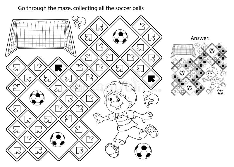 Maze or labyrinth game puzzle coloring page outline of cartoon boy with soccer ball football sport activity stock vector