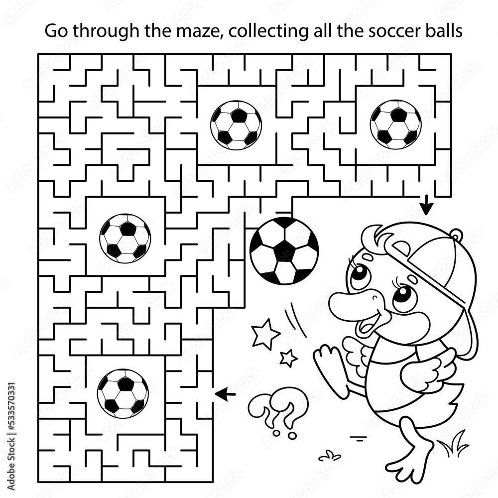 Vektorovã grafika âmaze or labyrinth game puzzle coloring page outline of cartoon duck or duckling with soccer ball football sport coloring book for kidsâ ze sluåby