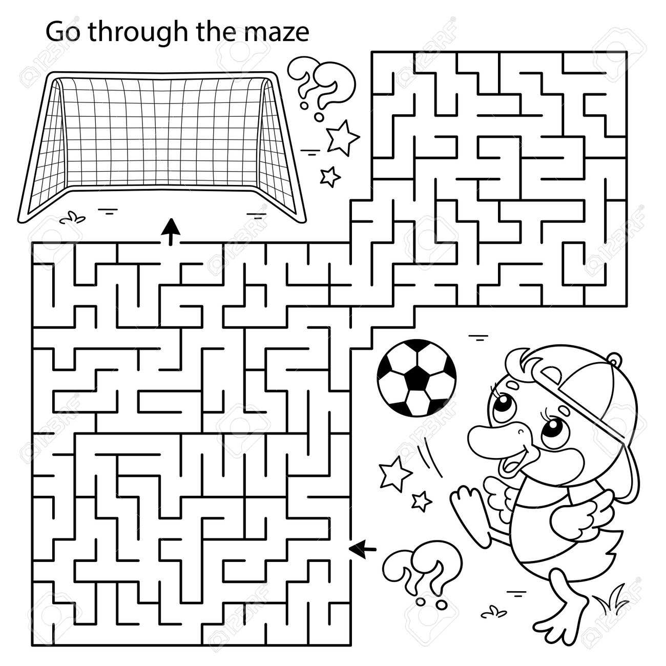 Maze or labyrinth game puzzle coloring page outline of cartoon duck or duckling with soccer ball football sport coloring book for kids ðððððñññ svg ððµðºñðññ ð ððððñ ðððññññðñðð ððµð