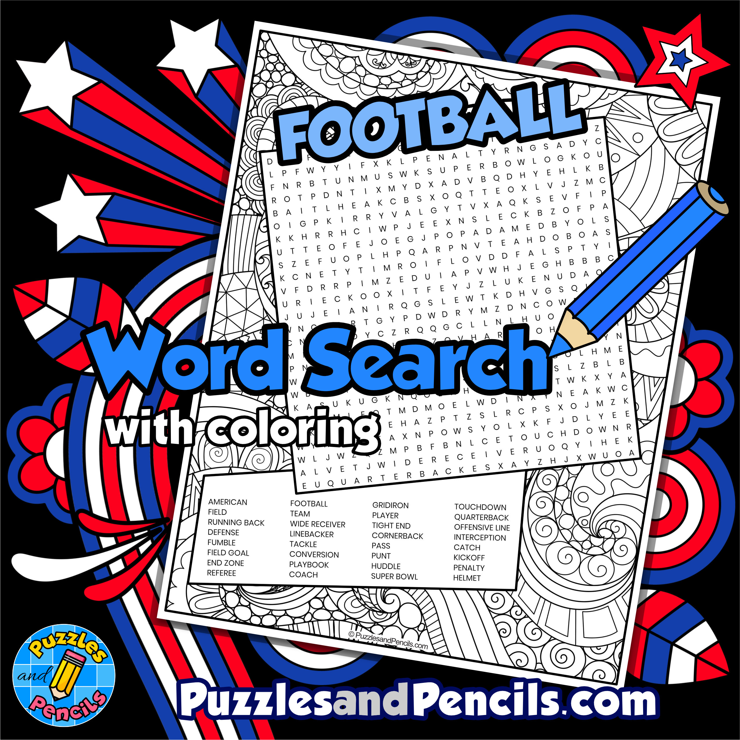 Football gridiron word search puzzle activity with coloring made by teachers