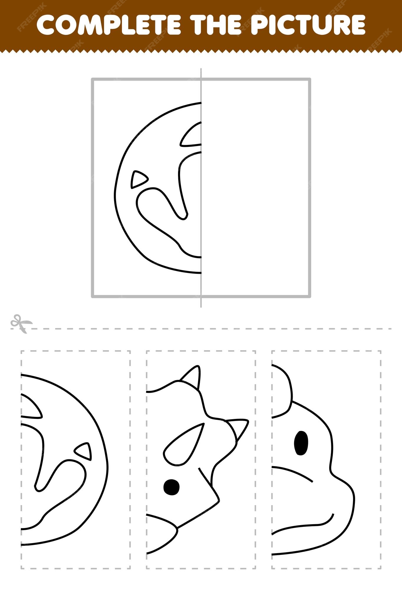 Premium vector education game for children cut and plete the picture of cute cartoon dino footprint half outline for coloring printable prehistoric dinosaur worksheet