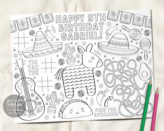 Fiesta coloring placemat for kids editable template mexican birthday party coloring page sheet table mat activity cinco de mayo piãata