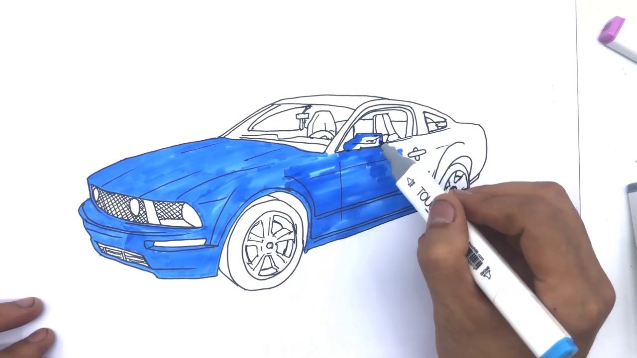 How to draw and color ford mustang gt car