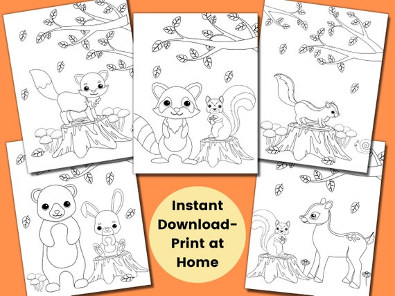 Forest animal coloring pages for kids kids party games woodland birthday favor animal coloring sheet baby shower activities homeschool