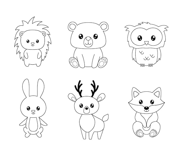 Premium vector coloring book or page for kids with forest animals woodland outline black and white vector illustration cute owl bear hedgehog foxdeer bunny isolated on white