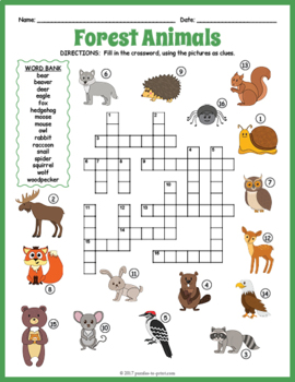 Esl forest woodland animals crossword puzzle worksheet activity tpt