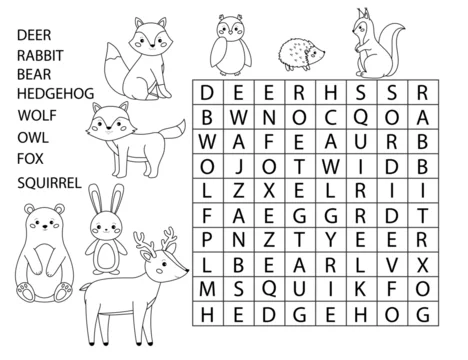 Coloring page with word search forest animals cute cartoon characters educational game for kids printable crossword learn english vector illustration vector