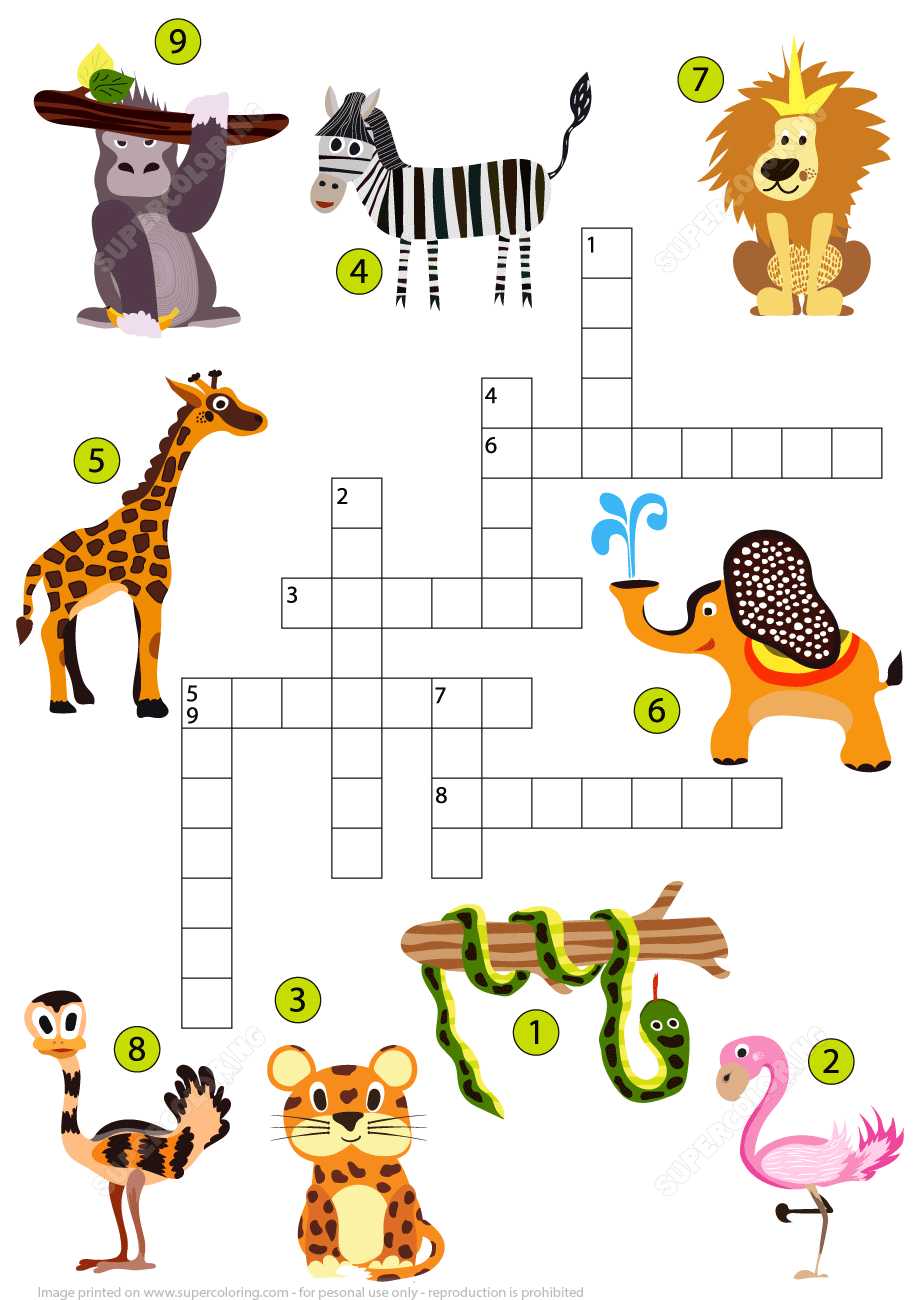 Studying animals of the jungle crossword puzzle free printable puzzle games