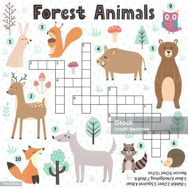 Crossword game for kids with cute forest animals stock illustration