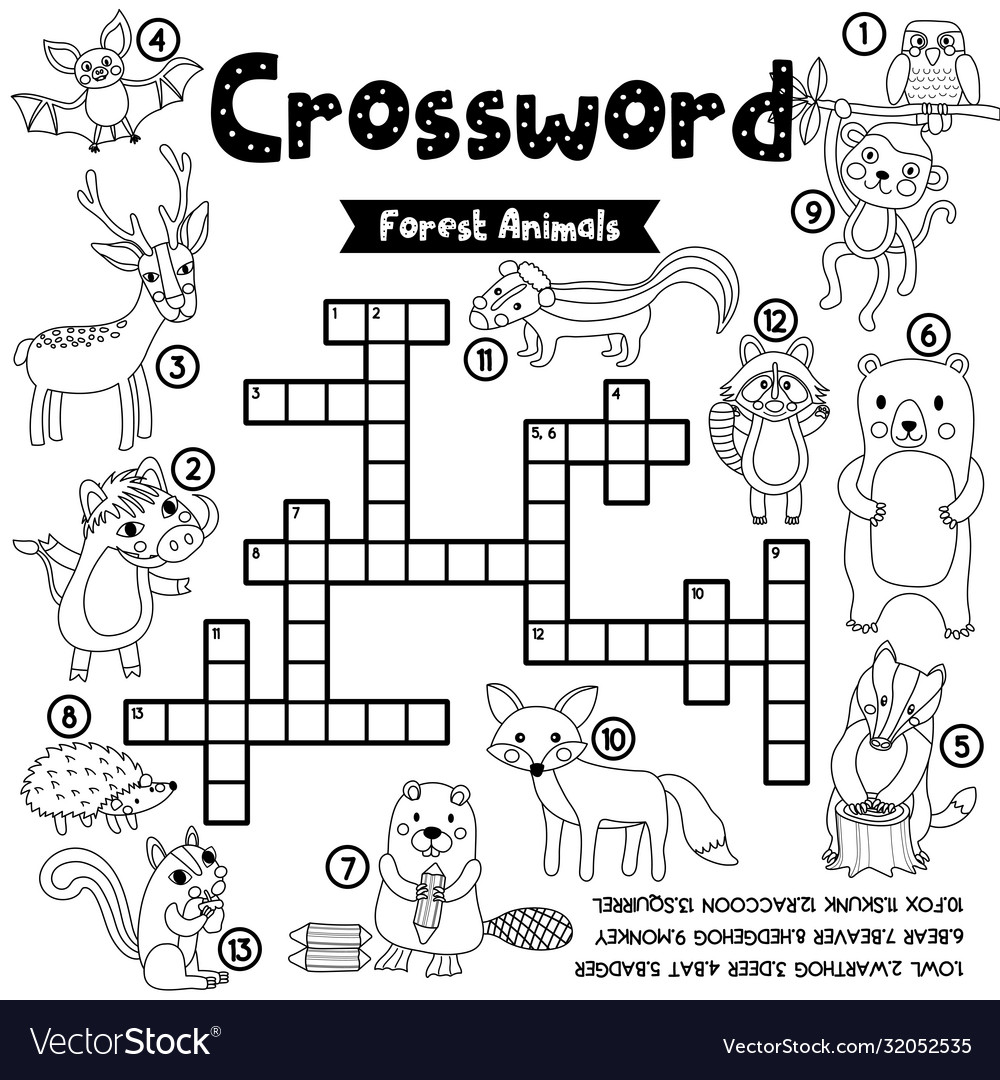 Crossword puzzle forest animals coloring version vector image