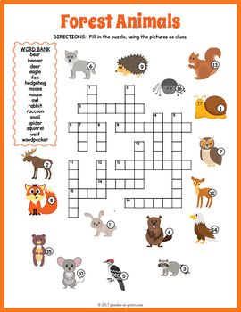 Esl forest woodland animals crossword puzzle worksheet activity kids crossword puzzles forest animals crossword