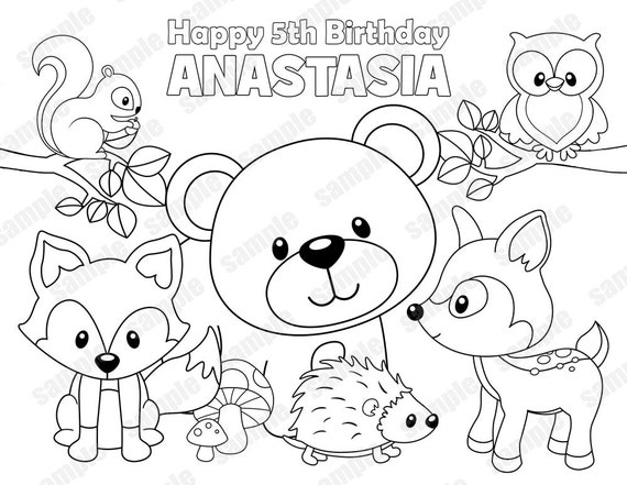 Personalized printable woodland forest animals deer fox birthday party favor childrens kids coloring page activity pdf or jpeg file