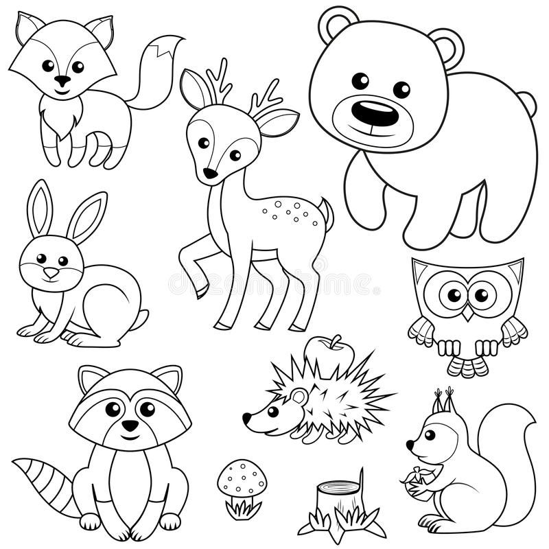 Forest animals fox bear raccon hare deer owl hedgehog squirrel agaric and tree stump blackâ animal coloring books animal coloring pages coloring pages