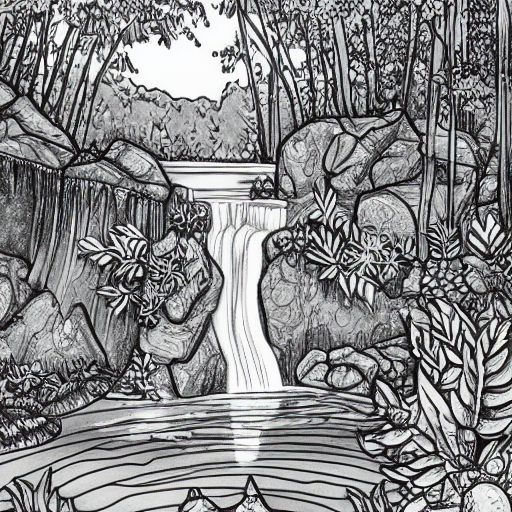 An adult coloring page of a waterfall in the enchanted forest light detail