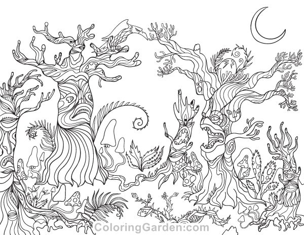 Free printable spooky forest adult coloring page download it in pdf format at httpcoloringgarâ coloring pages nature coloring pages animorphia coloring book