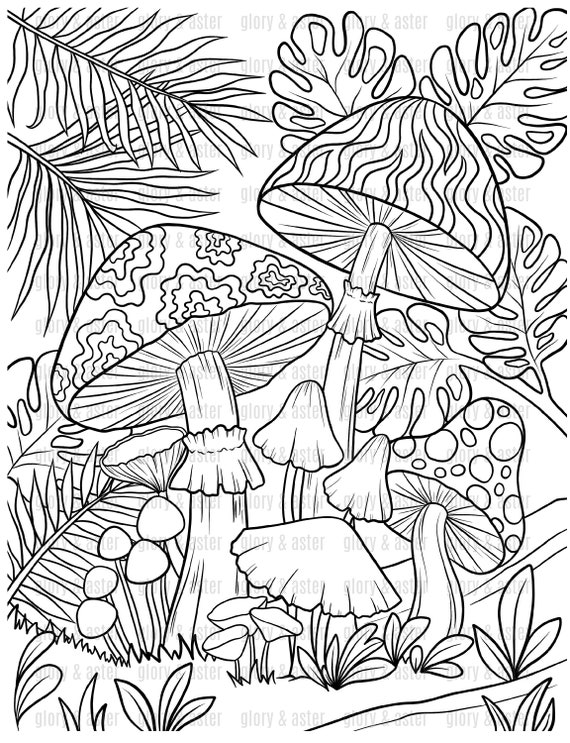 Mushroom forest coloring page printable adult coloring page instant download pdf nature tropical magical