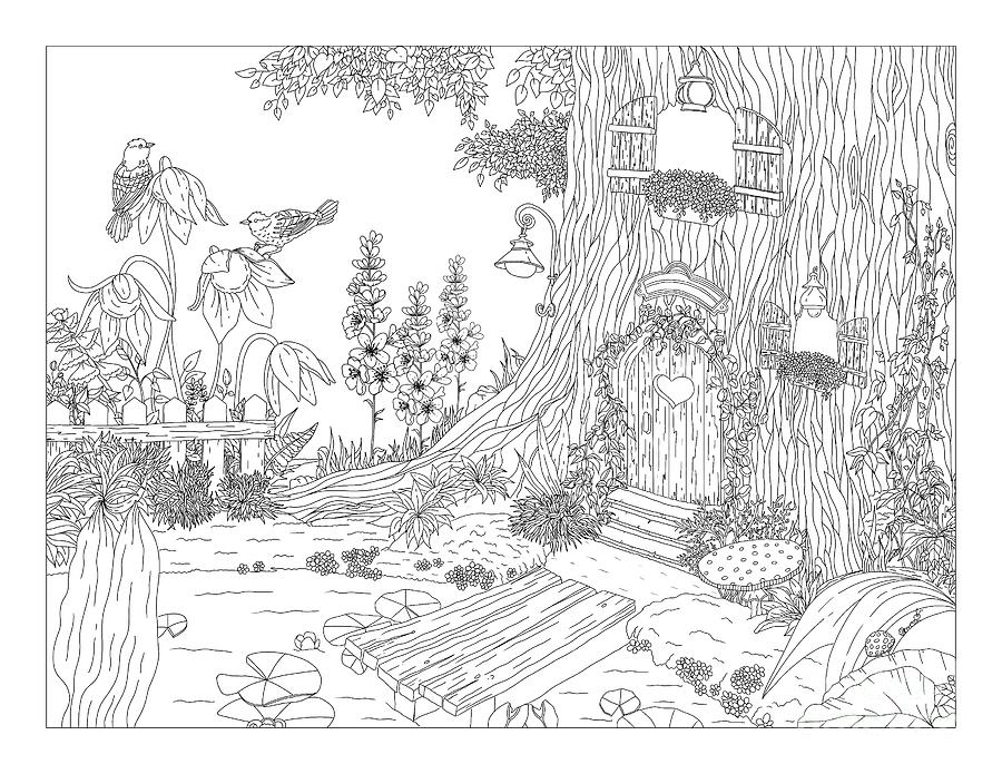 Magical forest coloring page drawing by lisa brando