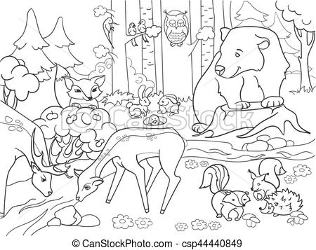 Forest landscape with animals coloring vector for adults vector