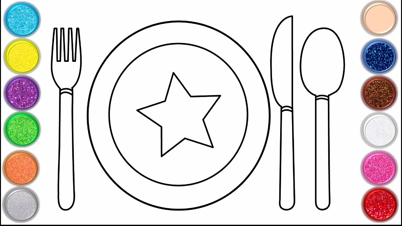 Glitter plate knife fork and spoon drawing and coloring for kids drawing village