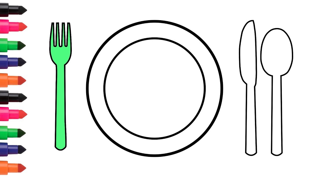 Coloring pages dinner plate spoon fork how to draw video for kids