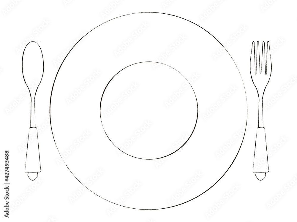 Digitally drawn coloring page with illustrations of vintage plate spoon and fork on white background for graphic or web design illustration