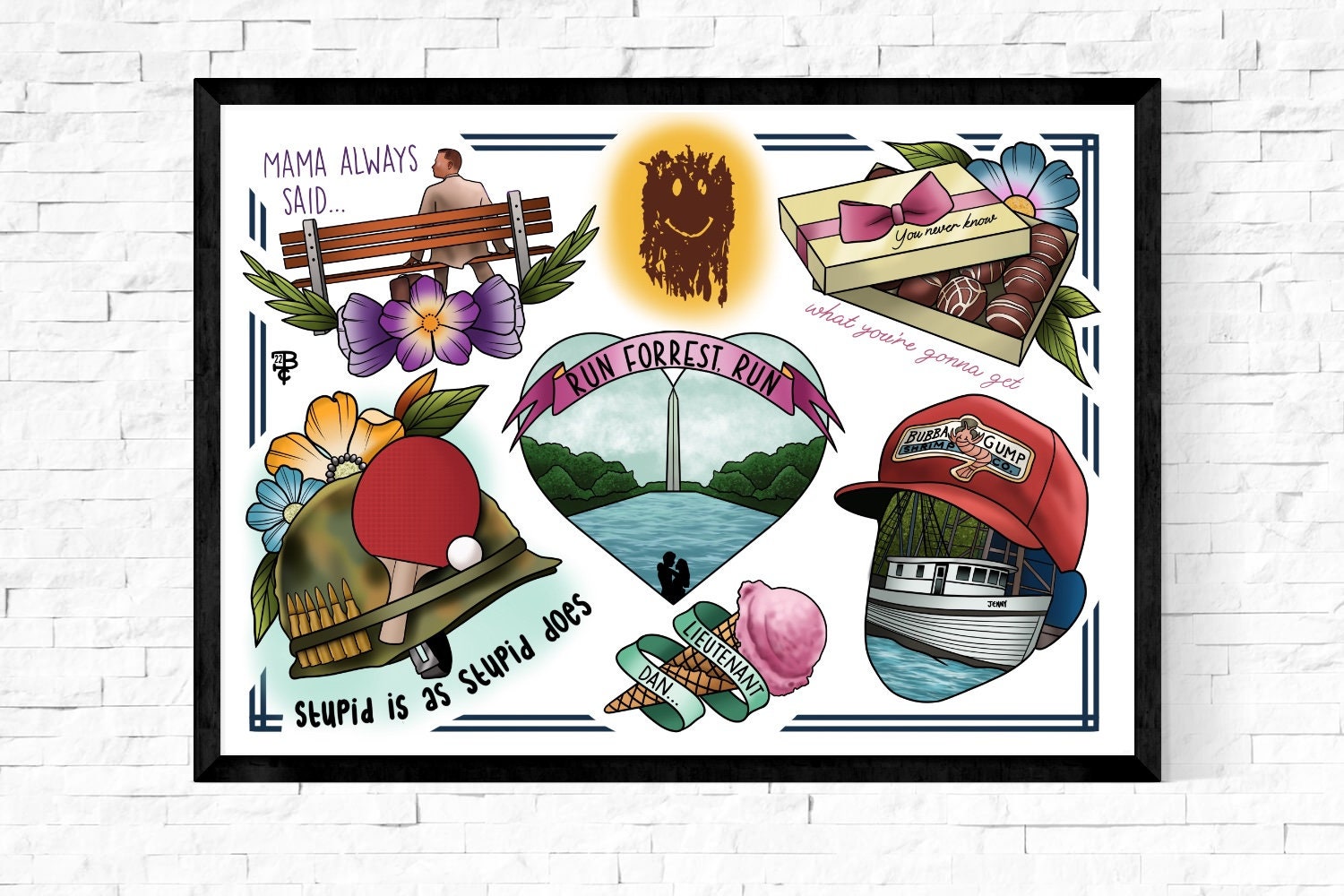 Forrest gump flash sheet art print tattoo style framed option a a run forrest jenny lieutenant dan bubba shrimp film nostalgia