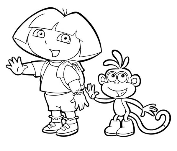 Dora and boots waving hand in dora the explorer coloring page