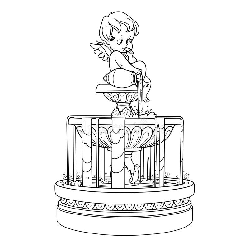 Fountain with a cupid figure pouring water from a jug outlined for coloring stock vector