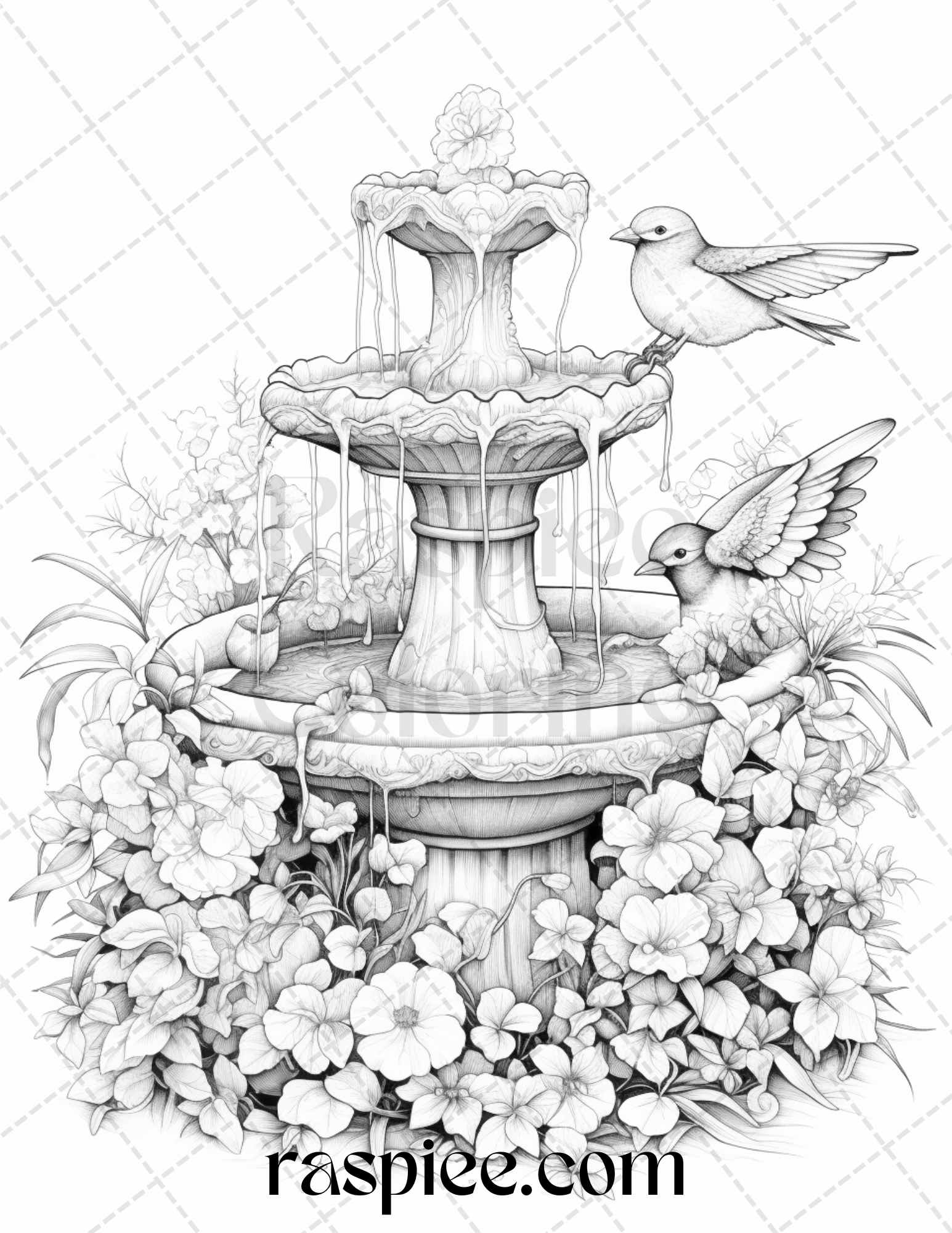 Blooming fountains grayscale coloring pages printable for adults p â coloring