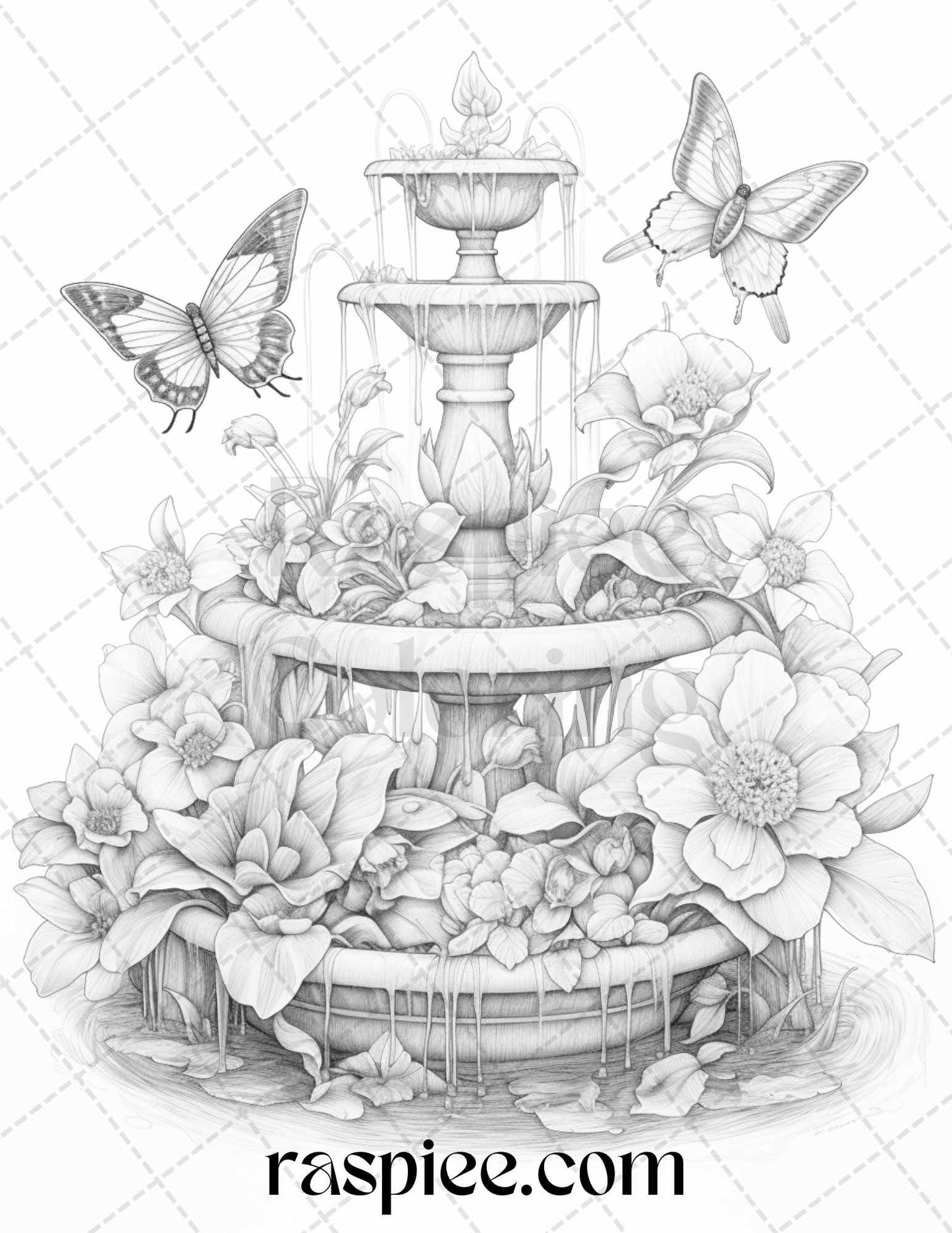 Blooming fountains grayscale coloring pages printable for adults p â coloring