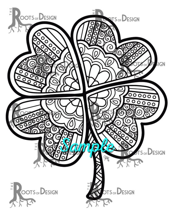 Instant download coloring page four leaf clover shamrock print zentangle inspired doodle art printable