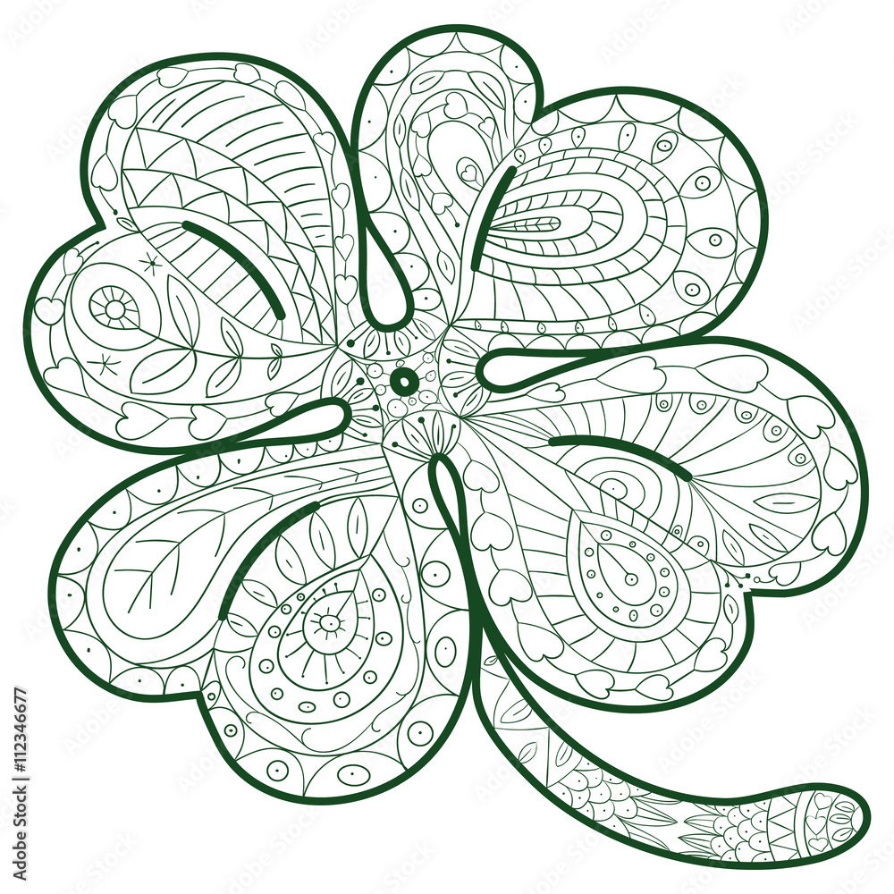 Hand drawn four leaf clover for adult coloring pages in doodle style ethnic ornamental vector illustration adult coloring book fantasy sheet for relaxation therapy vector