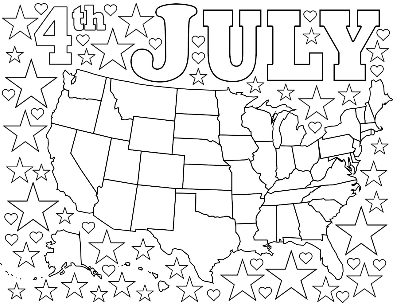 Th july loring page map of usa with stars and hearts rooftop post printables