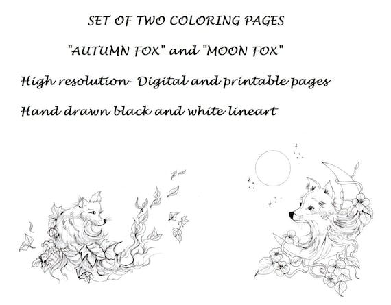 Set of two fox coloring pagesautumn coloring pagemoon coloring pageadult coloringfox lineartanimal coloring pagefox digital stamps