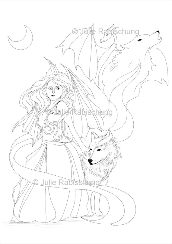 Wolf and dragon coloring page printable dragon and wolf coloring pages printable fantasy coloring page fantasy digital stamp