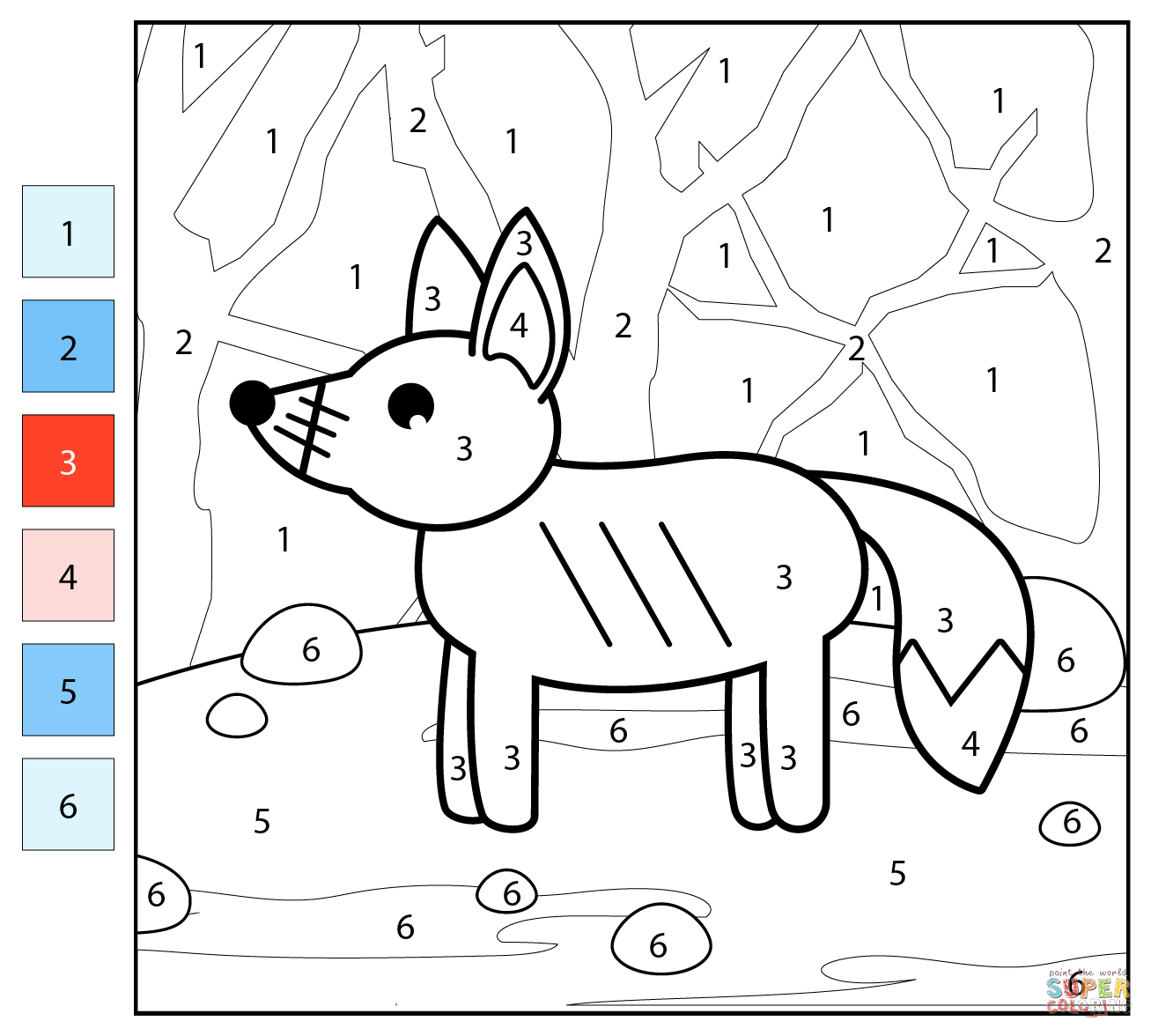 Fox color by number free printable coloring pages