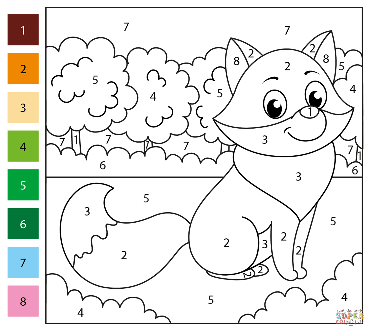 Fox color by number free printable coloring pages