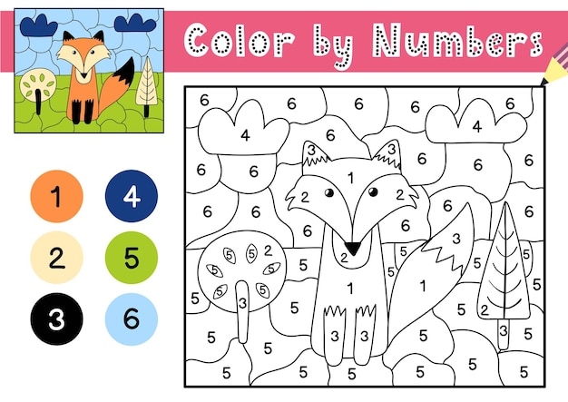 Premium vector color by numbers game for kids coloring page with a cute fox in the forest printable worksheet with solution