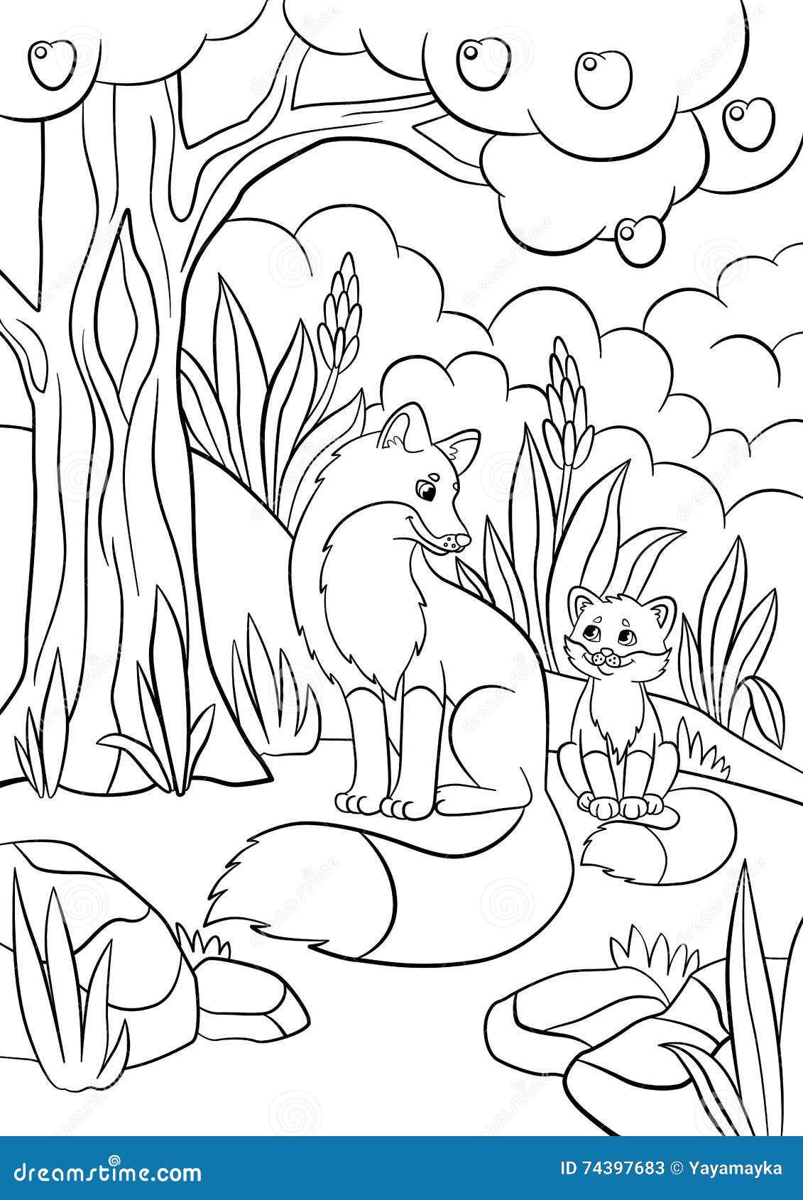 Coloring pages wild animals mother fox with her little cute baby stock vector