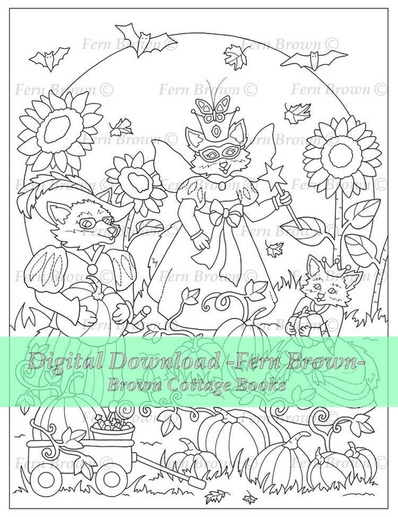 Fox coloring page animals foxes holidays instant download line art printable fox halloween by fern brown hand