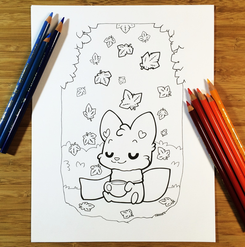 Fall coffee fox coloring page by fablefire on