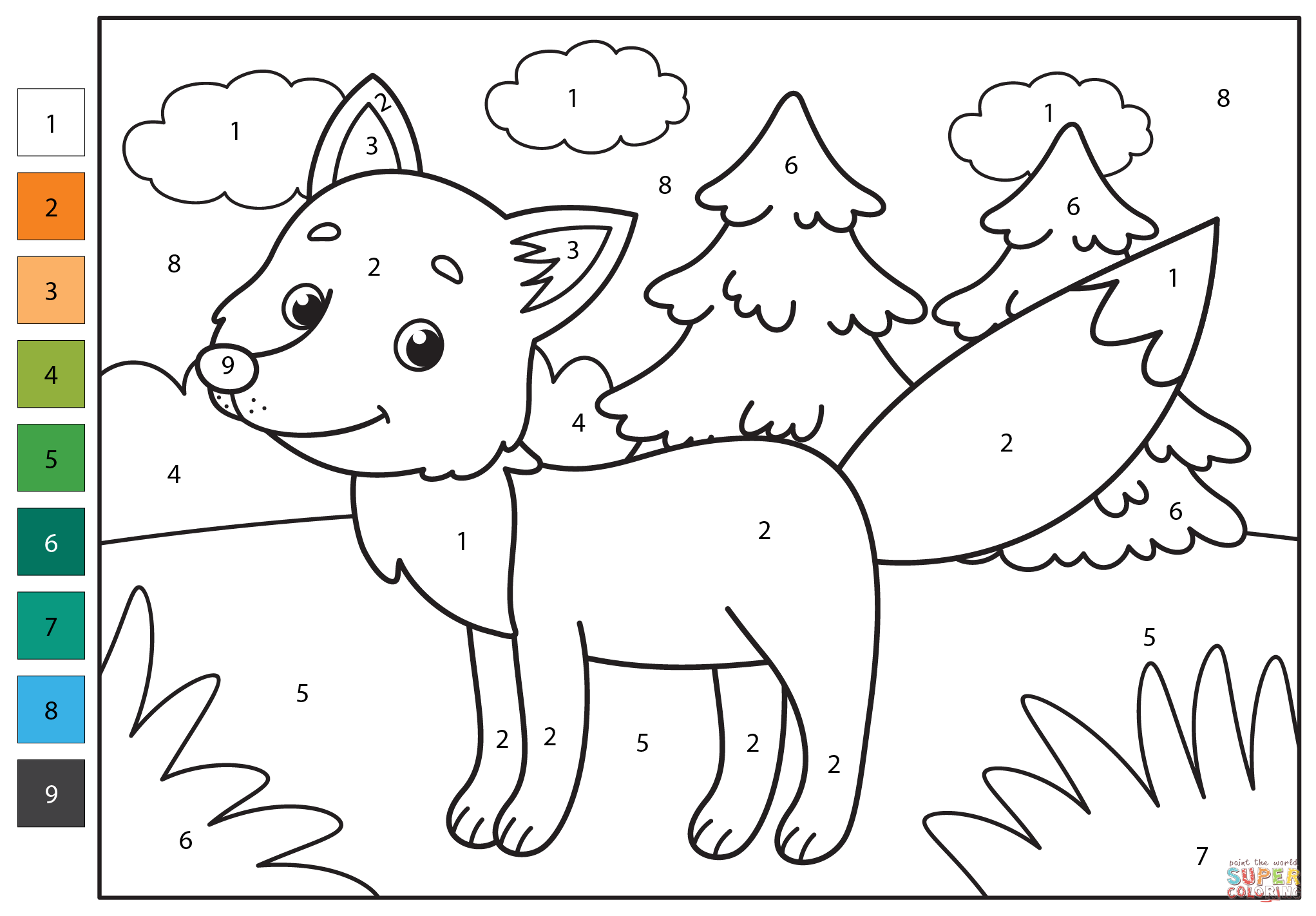 Fox color by number free printable coloring pages