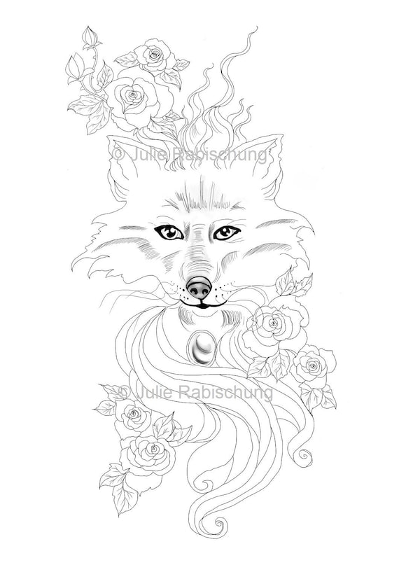 Fox and roses coloring pageprintable fox coloring pagedigital fox tattoo coloring pageadult coloring pageanimal coloring page
