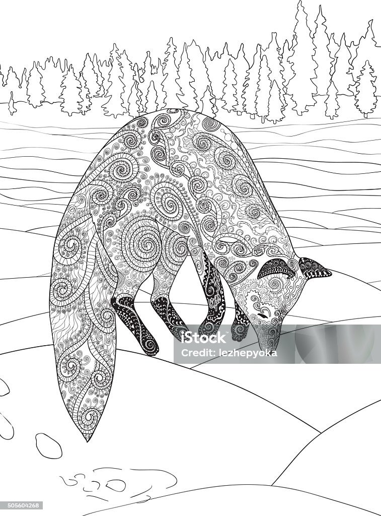 Fox hunt adult coloring page for antistress art therapy stock illustration