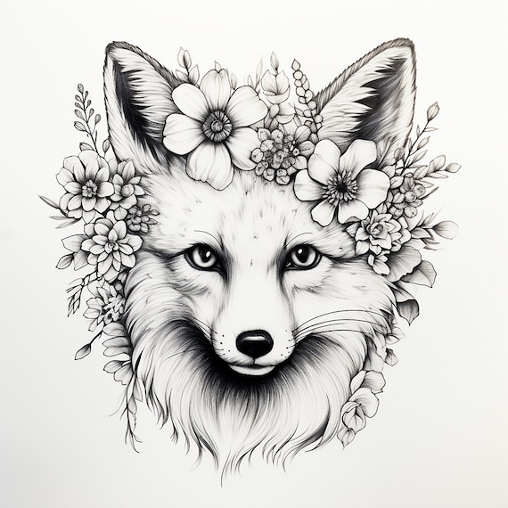 Fox wearing flower crown printable fine line wildlife animal illustration for coloring page sticker stencil tattoo wall decor