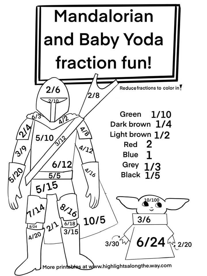 Color by number reducing fractions baby yoda free printable