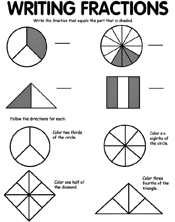 Writing fractions coloring page