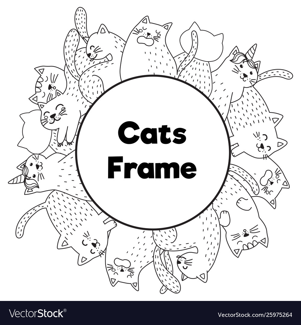 Frame with funny cats in coloring page style vector image