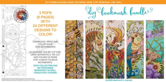 Diy printable bookmarks bundle downloadable pdf unique designs for bookmark coloring animals birds bugs fish ocean colouring pages